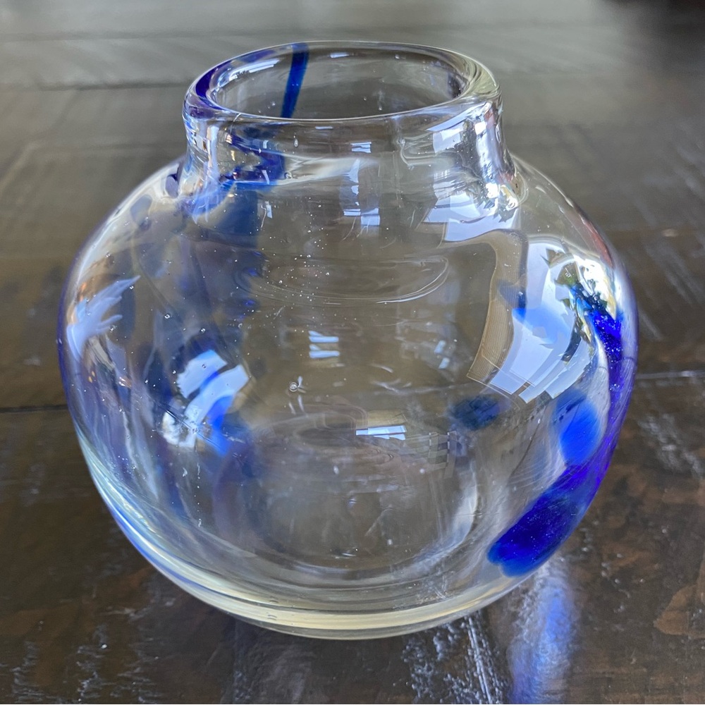 Clear Handblown Glass Bud Vase with Cobalt Blue Accents